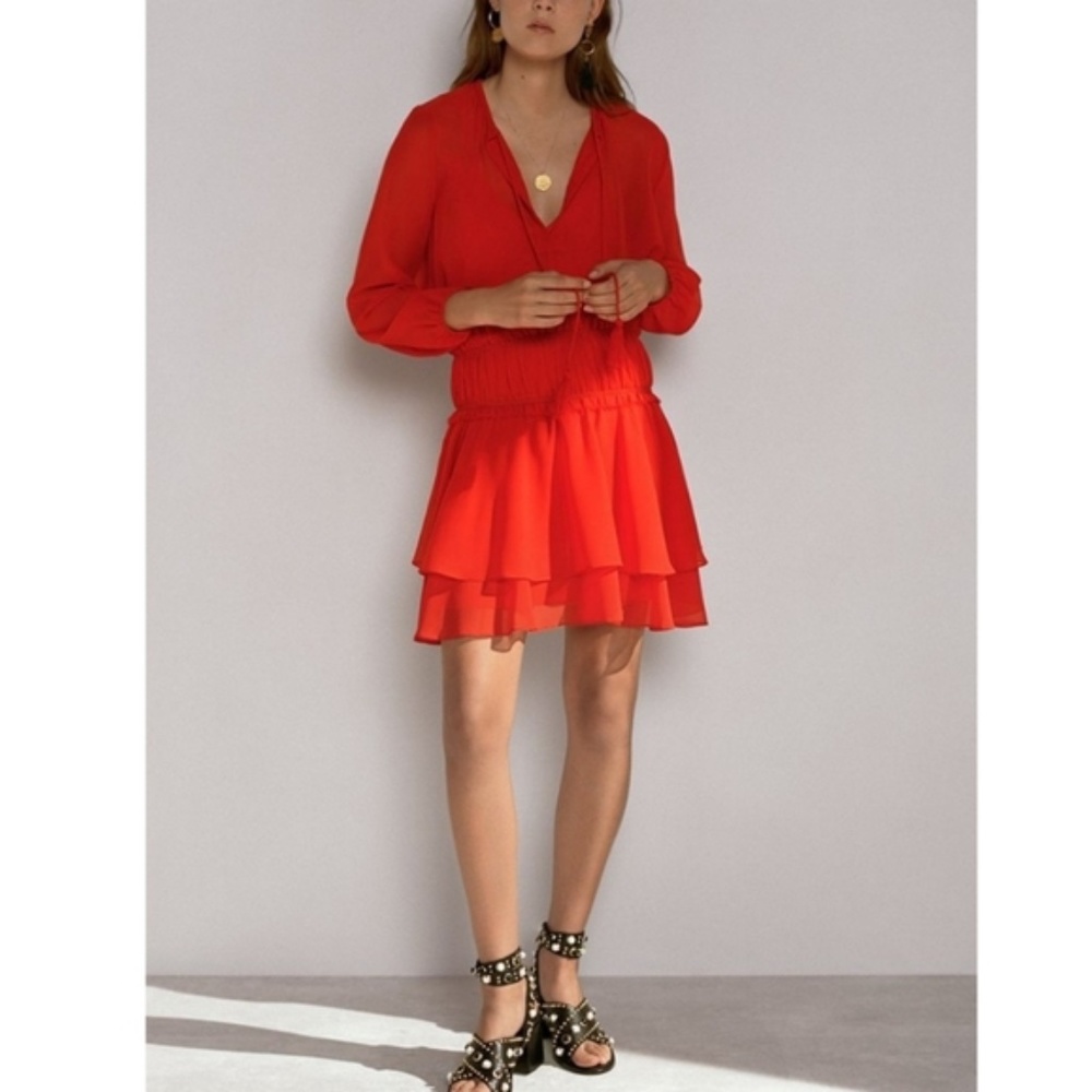 MAJE Shirred-Waist Ruffle Mini Dress ‘S’